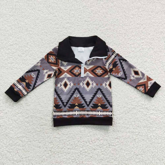 Boys Grey Aztec Long Sleeve Pullover Tops